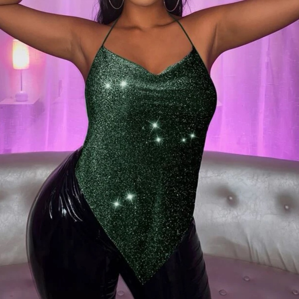 Green Glitter Backless Bandana Halter Tied Top